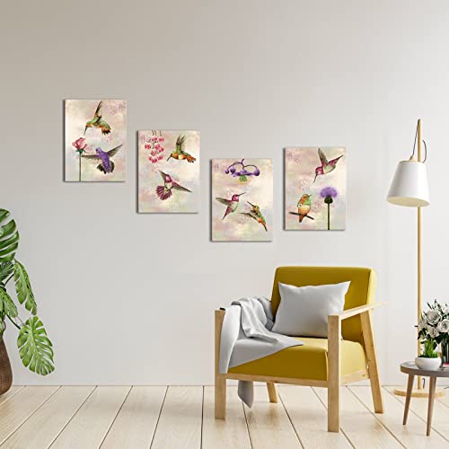 Bird Canvas Wall Art Set - Hummingbird Flower Pictures for Living Room & Bedroom Decor - 4 Pieces, 12x16 Inches