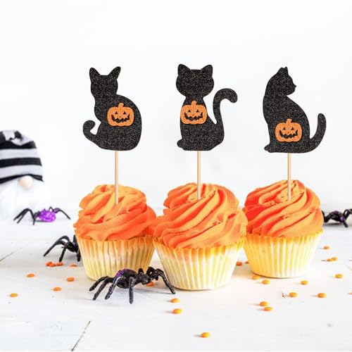 Halloween Cat Cupcake Toppers Pumpkin Kitty Set - 24 Pcs