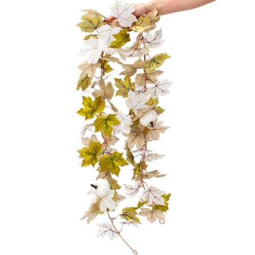 Autumn White Maples Leaf Garland - Fall Decor for Indoor & Outdoor Home, 5.2 Ft, Maple-Whtie Variation