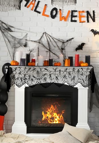 Halloween Skeleton Mantle Scarf - Black Lace Fireplace Cover with Embroidered Skull - 79 x 20 Inch - Skeleton Variation