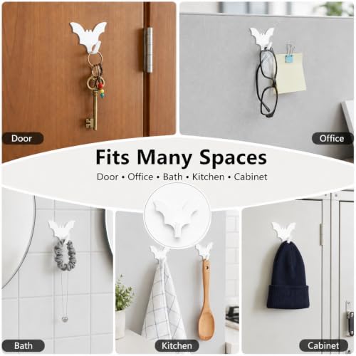 White Bat-Shaped Adhesive Wall Hooks - Set of 8 for Home & Office