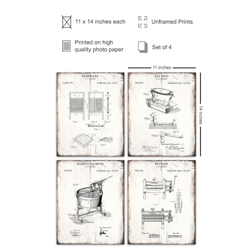 Vintage Laundry Room Wall Art 11x14 - Farmhouse Retro Poster Set - Unframed