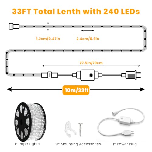 33ft 240 LED Rope Lights Outdoor Indoor Waterproof with Connectable 8 Modes - Warm White Variation