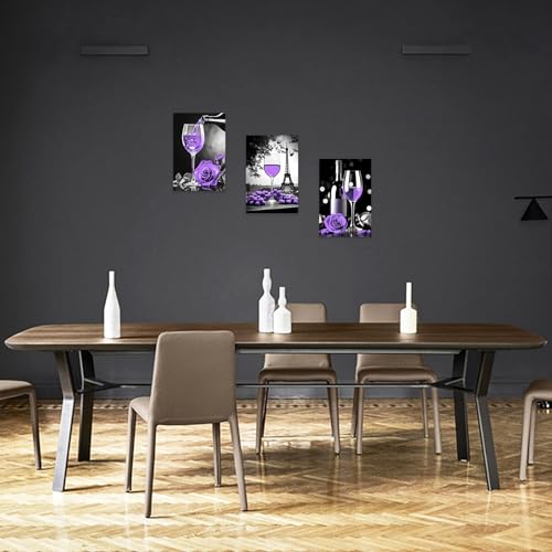 3-Piece Wine Wall Art Canvas Prints Purple and Black Eiffel Tower & Rose Kitchen Decor 16x24in