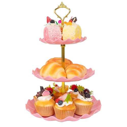 Pink Plastic 3-Tier Cake Stand with Metal Rod - Dessert Display for Parties