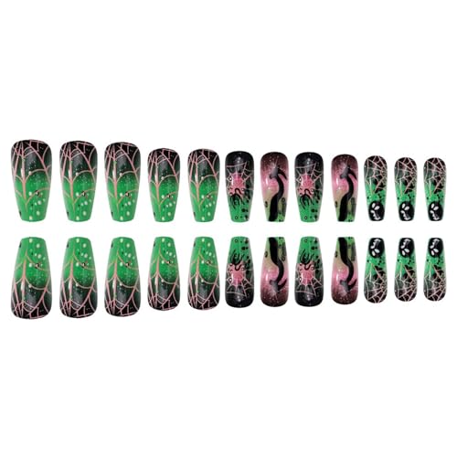 Halloween Green Gradient Fake Nails Set A7 - Coffin Shaped Glitter Tips with Spider Web Design, 24 Pcs