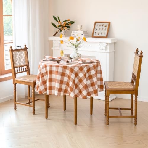 Gingham Linen Tablecloth 90 Inch Round Rust Plaid Checkered - Elegant Dining Decor