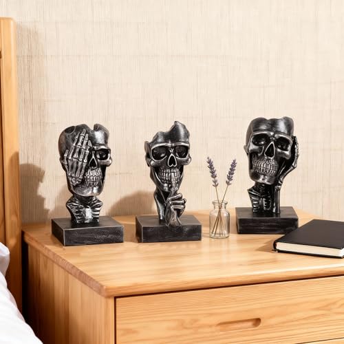Halloween Skeleton Figurines Set - See No Evil, Hear No Speak No Evil Skeleton Statues in Black Gold - Gothic Home Decor