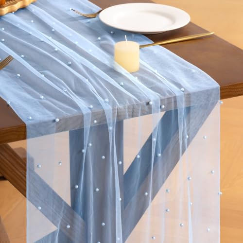 Light Blue Pearl Light Blue Table Runner 10FT Fall Tulle Gauze Boho Cheesecloth - Variation of This Listing