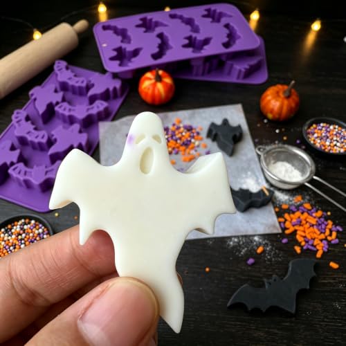 Halloween Ghost & Bat Silicone Mold Set - 3 Pcs Food-Grade Candy & Chocolate Molds with Purple Variation