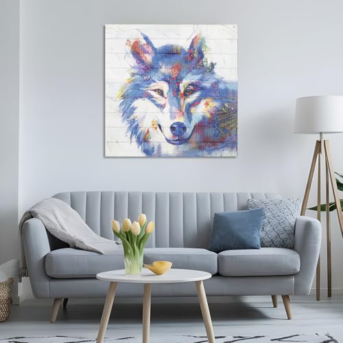 Blue Wolf Wall Art Canvas - Handmade Ribbon 20x20 Framed Animal Decor