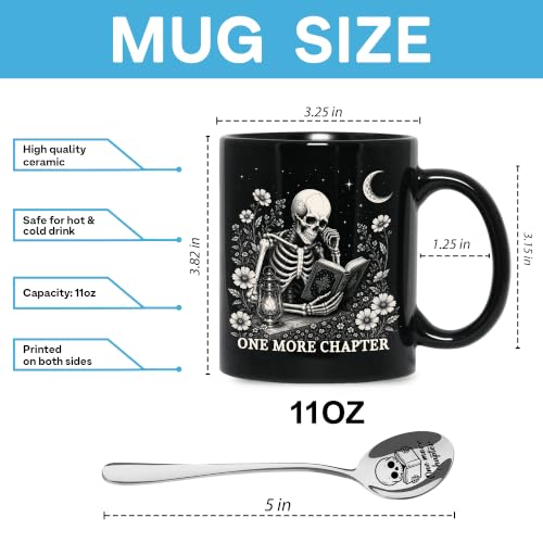 Hyturtle BookSke Skeleton Reading Coffee Mug with Spoon - Book Lovers Gift