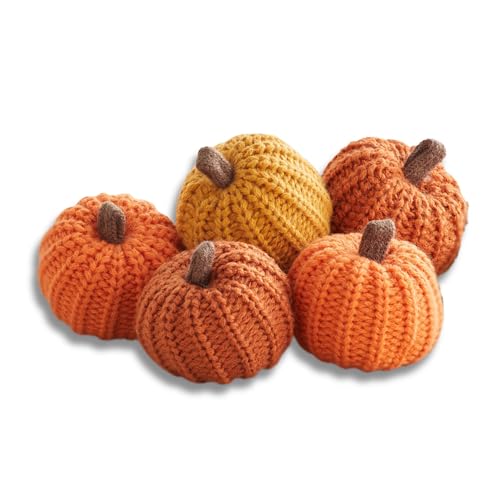 Mini Knit Pumpkins Set of 5 - Orange Autumn Fall Decor, 2.5 Inch