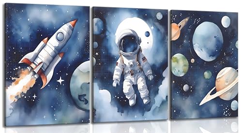 Nursery Space Wall Art - Astronaut Space Posters for Boys Room, 12x16 Blue Canvas Set of 3