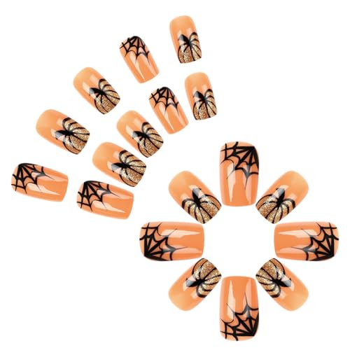 Halloween Press On Nails Medium Gold Pumpkin Design D Nails 4 - Ghost & Spider Web