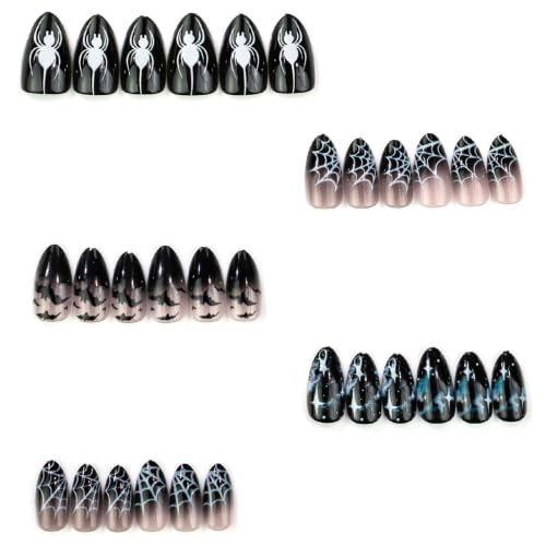 Halloween Press On Nails Short Almond Fake Nails with Bat Spider Stars Web Design - Black & White Variation