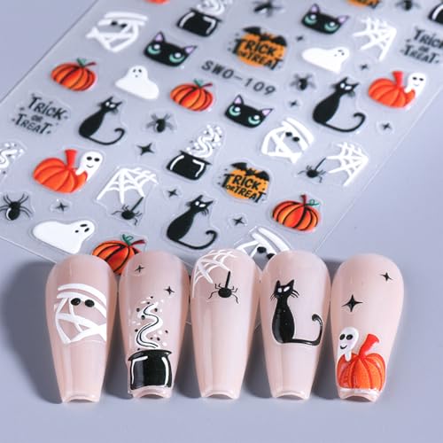 Halloween Nail Art Stickers 4 Sheets Ghost & Cat Embossed 5D Decals - White Black 10