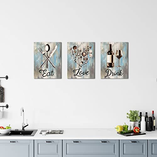 Kitchen Wall Art Canvas Prints Set - Vintage Utensils Eat Love Drink Sign 12x16 Inch Trio