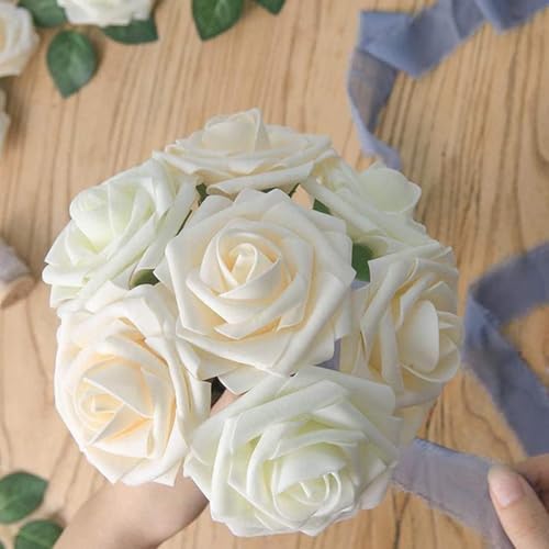 Artificial Roses for Wedding Bouquets - Champagne, 50 Stems - Realistic Fake Flowers for Decor & DIY Arrangements
