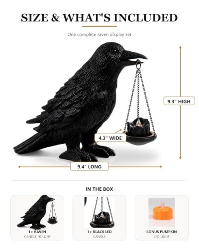 Gothic Crow Candle Holder - Halloween Decor, Resin Raven Statue for Bookshelf & Fireplace