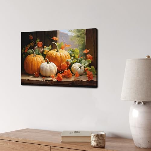 Fall Pumpkin Canvas Wall Art - 16x12 Inch Autumn Themed Farmhouse Decor