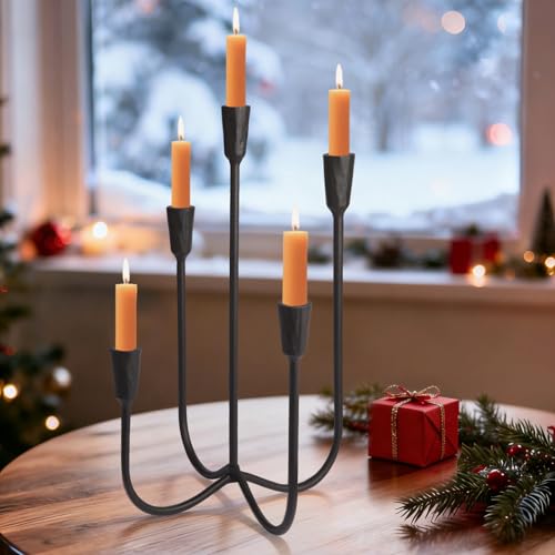 Black Cast Iron 5-Arm Candle Holder Candelabra for Wedding & Home Decor - 17.6 Inch