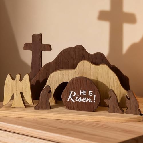 Wooden Easter Resurrection Scene Set with Cross and Tomb - Christian Decor for Tabletop & Home