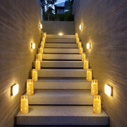Flickering Flameless Candles with Star String Lights - 3 Pack Gold 4-5-6 Inch
