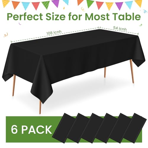 Disposable Black Rectangular Tablecloth 54x108 Inches 6 Pack Waterproof Party Cover
