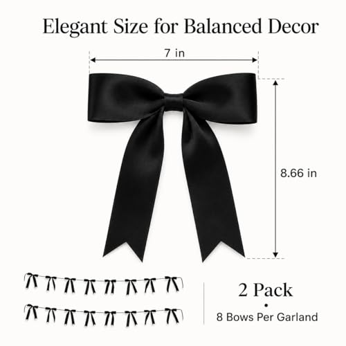 Black Satin Bow Garland Banner - 2 Strings with 16 Large Bows, Ready to Hang