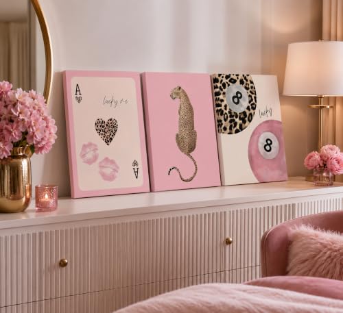 Pink Leopard Canvas Wall Art Set - 16x12 Inches, Preppy Animal Decor for Girls Room