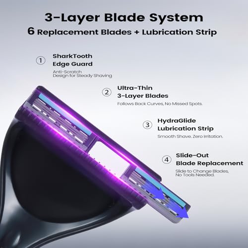 ETbyto Back Shaver for Men - Retractable Long Handle Back Hair and Body Shavers,Replaceable Multi-Layer Double Blades（8PCS）, Ergonomic DIY Wet or Dry Shaving Solution - Black