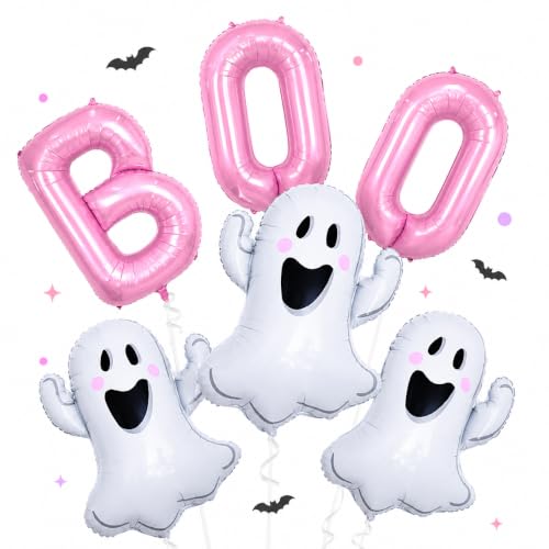 Halloween Party Balloons Set - Reusable Pink Ghost & 'BOO' Foil Decorations
