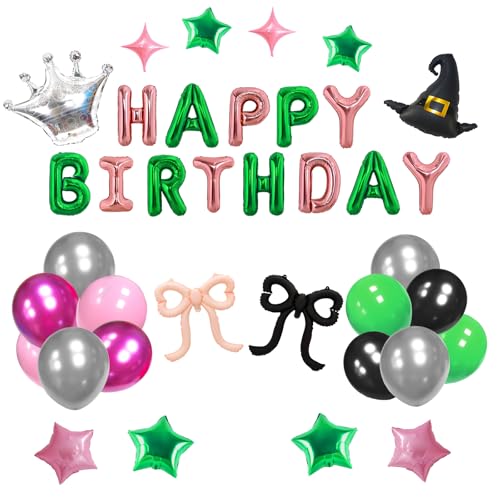 Witch Birthday Balloon Kit - Pink & Green Foil Balloons Crown Hat Bows - Variation 3