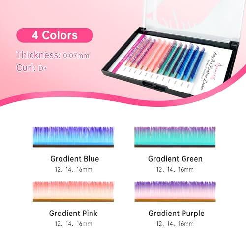 Rainbow Colored Lash Extensions Self Fanning D Curl 0.07mm Thick Mixed Length 12-16mm - Easy Fan Lashes for Eye Makeup
