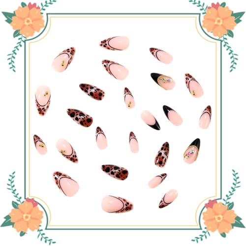 French Black Leopard Print Press On Nails with Gold Beads - Reusable Almond Fake Nails for Women & Men