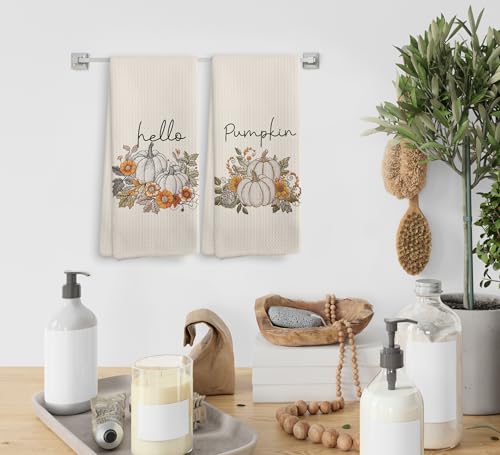White Hello Pumpkin Fall Kitchen Towels and Dishcloths Set of 2 - Farmhouse Decor Gift