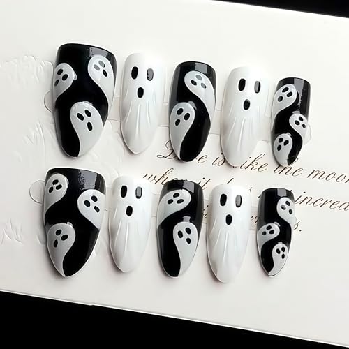 Halloween Ghost Press On Nails - Gothic Fake Nails with Glue - Medium Almond, 30Pcs