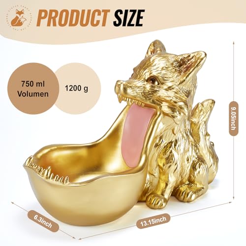 Black Wolf Resin Fox Statue with Gold Finish - Home Decor & Gift
