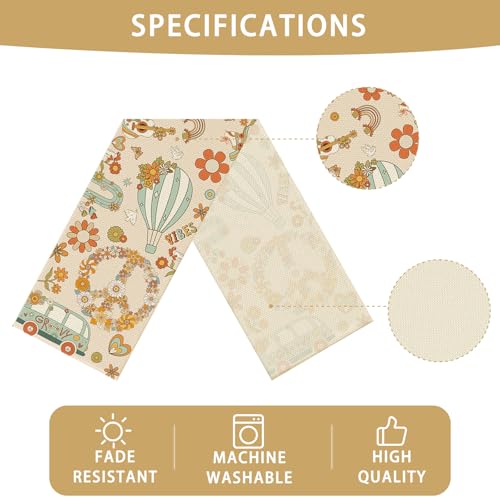 Peace Love Flower Linen Table Runner - Farmhouse Floral Decor for Kitchen & Dining