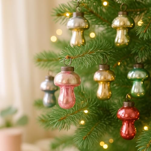 12 Pcs Distressed Glass Mushroom Christmas Tree Ornaments - Multicolor