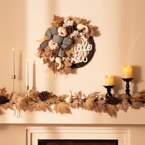 White 22-Inch Collapsible Fall Wreath with Pumpkins and Lights for Front Door
