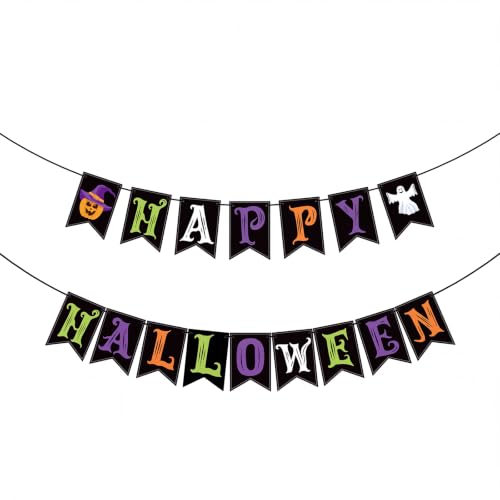 Halloween Decorations Indoor Banner Set with Pumpkin Ghost - White, Orange, Green, Purple