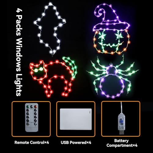 Halloween Indoor Window Decorations Lights 4 Pack - Ghosts Pumpkins Spiders with Remote