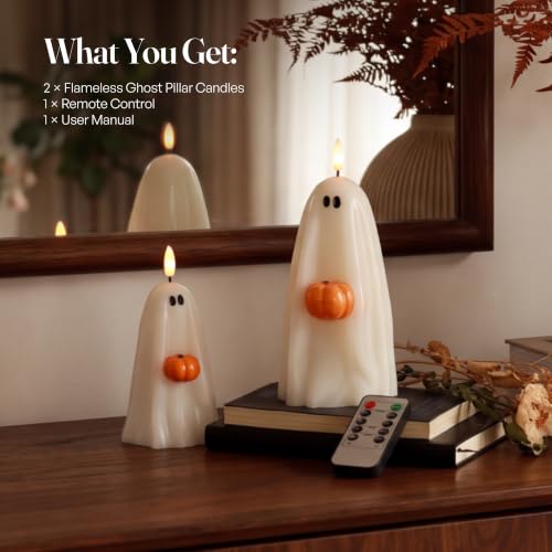 Halloween Ghost Candle Holders with Pumpkin - Flameless LED Decor, Safe & Realistic Flicker