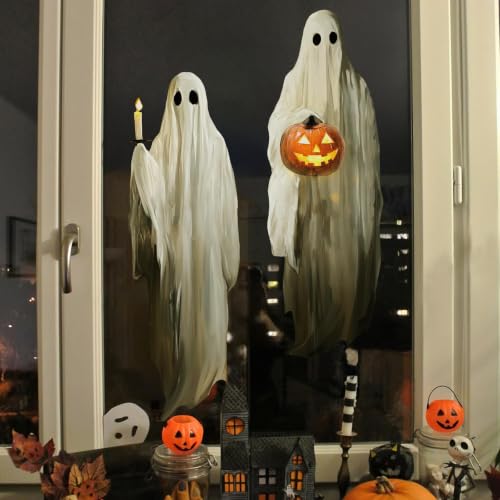 Halloween Window Clings 3-Pack Large White Ghosts with Pumpkin Lanterns - Indoor Decor