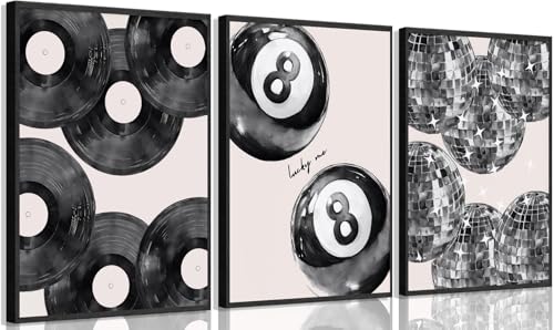 Disco Poster Wall Art Set - Black White Canvas Prints 24x16in - Lucky 8 Ball