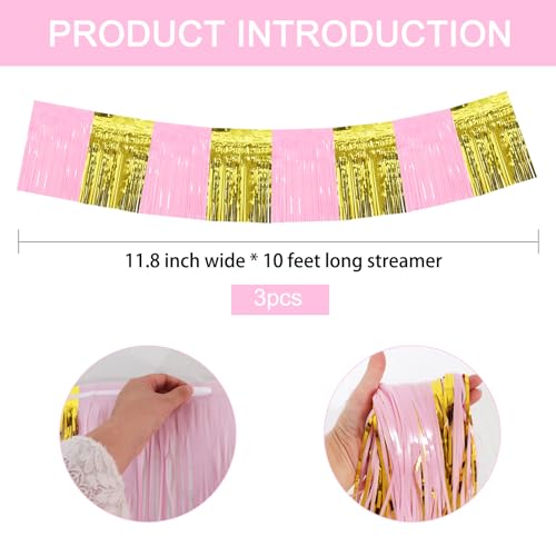 Macaron Pink Gold Fringe Garland Banner 30ft Party Streamers - 3 Pack