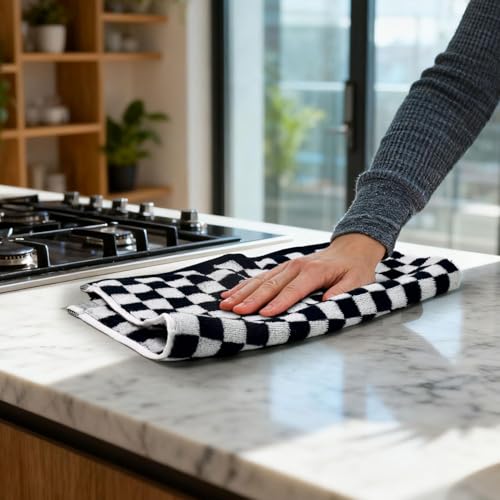 Jacquotha Wash Cloths Checkered 4 Pack (Black and White) - Cotton Washcloths for Face Body, 13 x 13 Inches Daily Cleansing Kitchen Towels