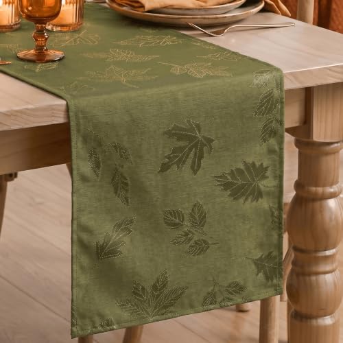 Maple Leaf Moss Green Granular Jacquard Table Runner 13x72 Inch – Durable Home Decor
